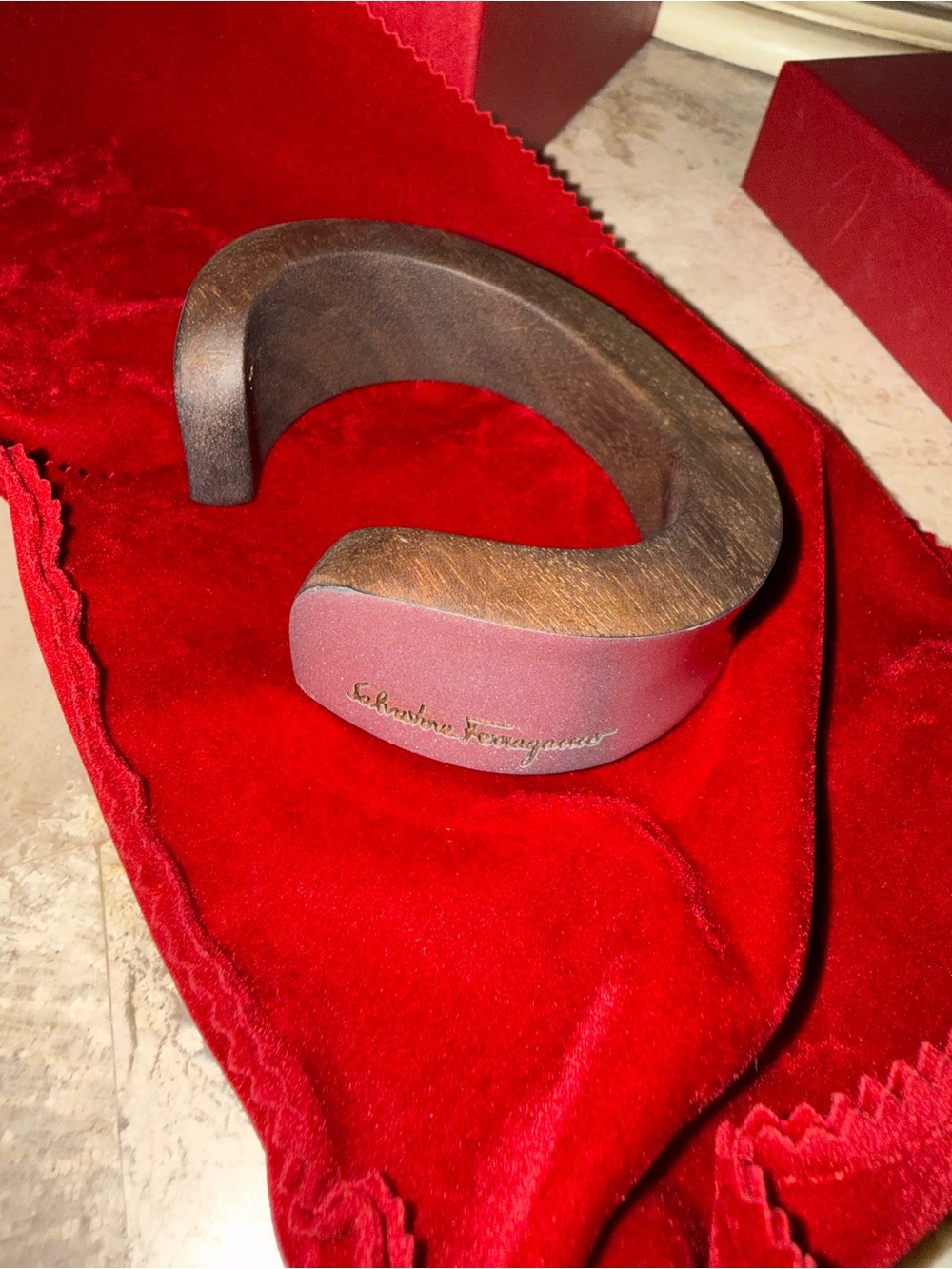 NWOT Salvatore Ferragamo Brown Wood with silver Cuff Bracelet